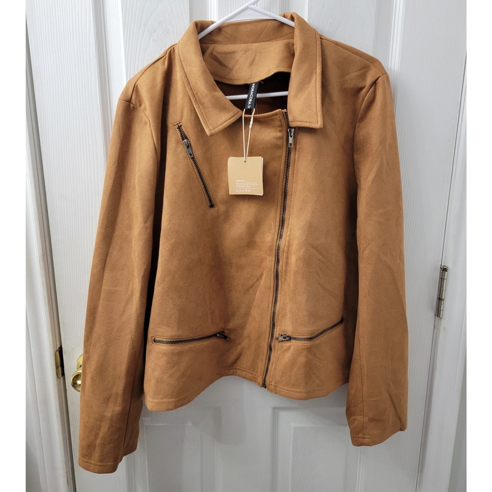 Noracora Womens Faux‎ Suede Moto Jacket Tan Camel Asymmetrical Zip XXL 1250910#